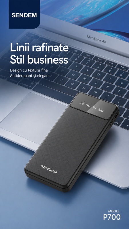 Power bank SENDEM P700 negru, 10000mAh, cabluri integrate Micro USB / Type-C / Lightning, afișaj LED, încărcare simultană - Img 3