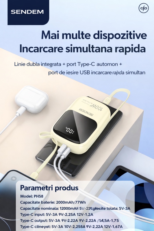 Power Bank SENDEM PH58 20000mAh 100W cu Cabluri Integrate si Afisaj Digital - Img 3