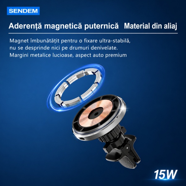 Suport auto magnetic SENDEM W15 cu încărcare wireless 15W, prindere pe grila de ventilație și cu lipire pe bord, rotație 360°, Type-C, compatibil iPhone - Img 5
