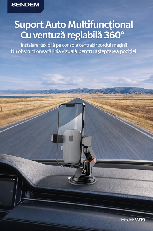 Suport auto telefon SENDEM W19 cu ventuza, rotatie 360°, compatibil 3.5-7 inch, negru - Img 6