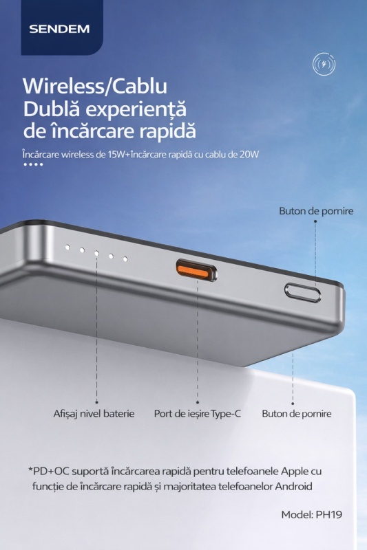 Baterie Externa Magnetica SENDEM PH19 5000mAh, Incarcare Wireless 15W, USB-C 20W, Power Bank Slim pentru iPhone si Telefon Compatibil - Img 2