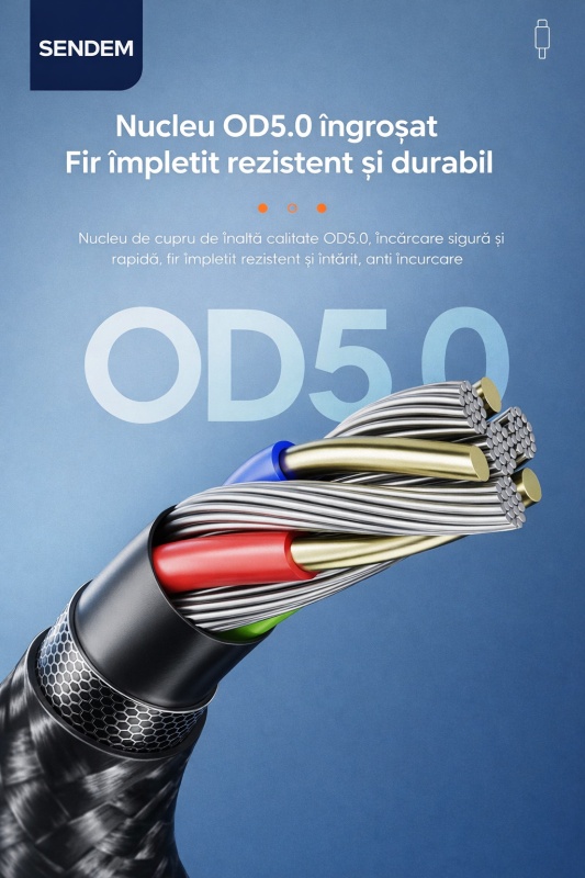 Cablu de date si incarcare rapida SENDEM M54 Type-C - Type-C, 66W, 3A, 1m, nylon impletit - Img 2
