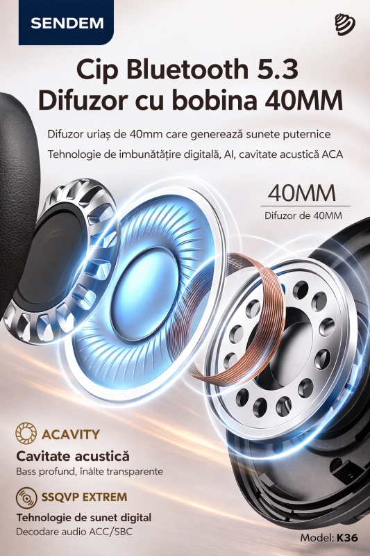 Casti Bluetooth SENDEM K36 Over-Ear, Bluetooth 5.3, difuzoare 40 mm, pliabile 90°, autonomie 8 ore, standby 300 ore - Img 2