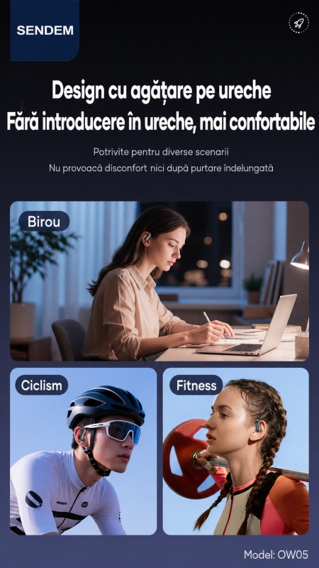 Căști Bluetooth SENDEM OW05, open-ear, Bluetooth 5.4, autonomie până la 30 ore, reducere zgomot, carcasă 250mAh - Img 2