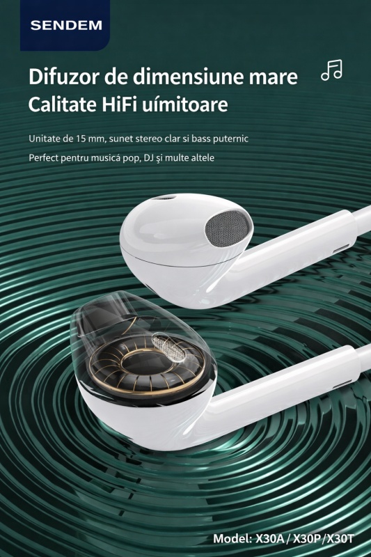 Căști cu fir SENDEM X30A – Sunet HiFi, Microfon HD, Conector Lightning - Img 2