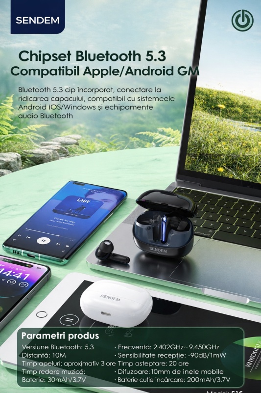 Casti wireless Bluetooth 5.3 SENDEM S16, TWS, reducere pasiva a zgomotului, autonomie pana la 20 ore, negru - Img 5