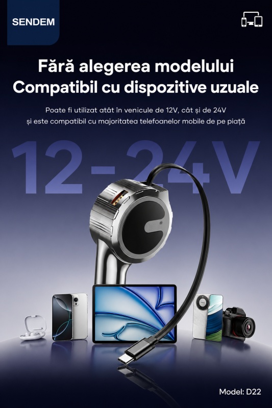 Încărcător auto SENDEM D22, 100W + PD 30W, cablu Type-C retractabil 70 cm, compatibil 12V/24V - Img 5