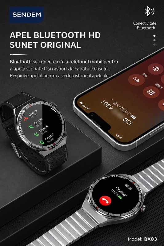 Smartwatch SENDEM QX03, ecran 1.45 inch, apeluri Bluetooth, ritm cardiac, IP67, încărcare wireless, 3 curele incluse - Img 8