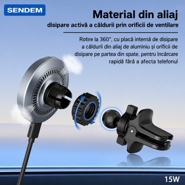 Suport auto magnetic SENDEM W15 cu încărcare wireless 15W, prindere pe grila de ventilație și cu lipire pe bord, rotație 360°, Type-C, compatibil iPhone - Img 2