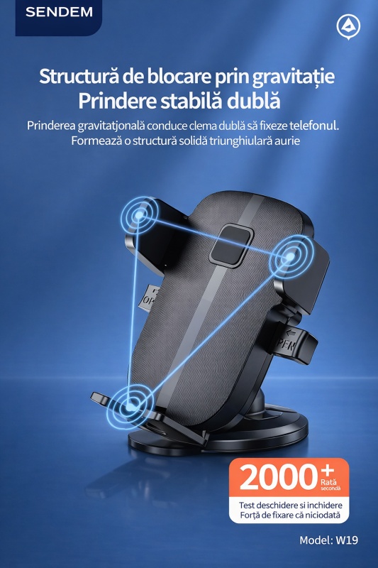 Suport auto telefon SENDEM W19 cu ventuza, rotatie 360°, compatibil 3.5-7 inch, negru - Img 3