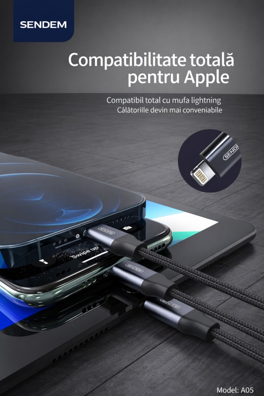 Adaptor audio SENDEM A05 Lightning la Jack 3.5 mm pentru iPhone, cablu textil, mufa metalica, chip inteligent - Img 3