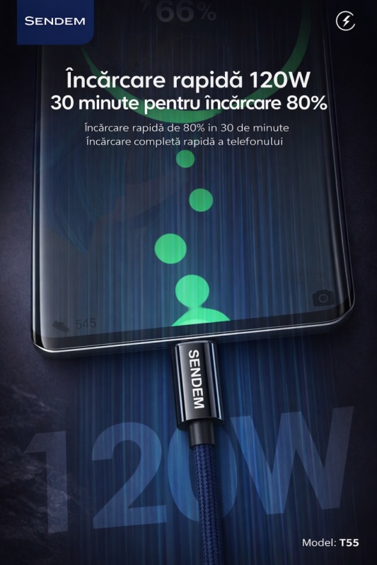 Cablu de date și încărcare rapidă SENDEM T55 – 120W - Img 3