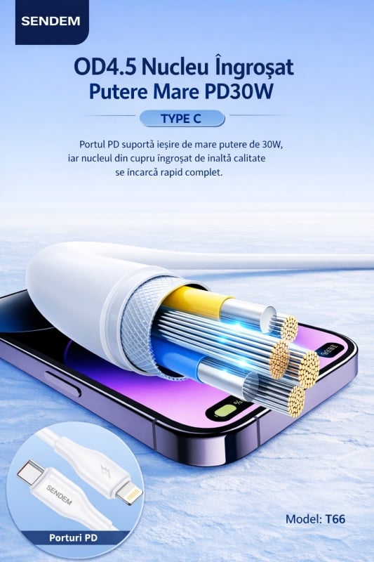 Cablu de date si incarcare rapida SENDEM T66 Type-C la Lightning 30W 1m alb - Img 2