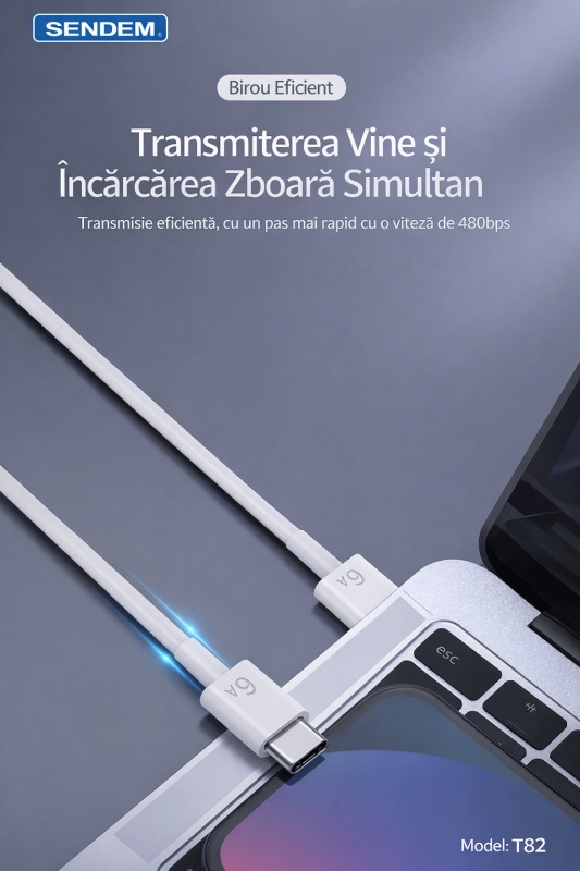 Cablu de date si incarcare rapida SENDEM T82 USB la Type-C, 2M, 6A, TPE, alb - Img 3