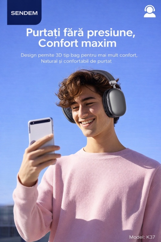 Casti Bluetooth SENDEM K37, over-ear, Bluetooth 5.3, autonomie pana la 50 ore, difuzoare 40 mm, microSD - Img 5