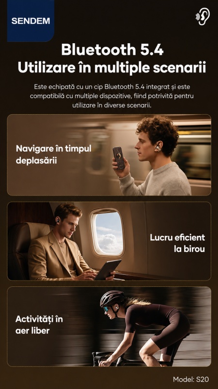 Căști Bluetooth SENDEM S20 Spark Series, ear-clip, Bluetooth 5.4, autonomie până la 6 ore, carcasă 230mAh, control tactil - Img 4