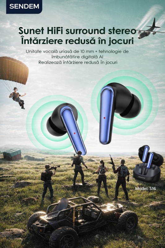 Casti wireless Bluetooth 5.3 SENDEM S16, TWS, reducere pasiva a zgomotului, autonomie pana la 20 ore, negru - Img 2