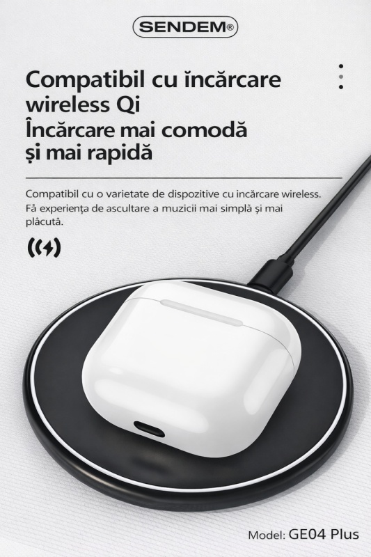 Căști wireless SENDEM GE04 Plus Bluetooth 5.1, control touch, detectare în ureche, încărcare wireless Qi, autonomie 4.5h - Img 4