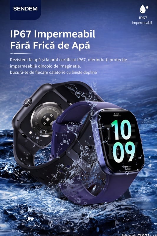 Ceas smartwatch SENDEM QX01 cu apel Bluetooth, ecran 2.1 inch, monitorizare ritm cardiac, IP67, incarcare magnetica, multiple fete de ceas - Img 2