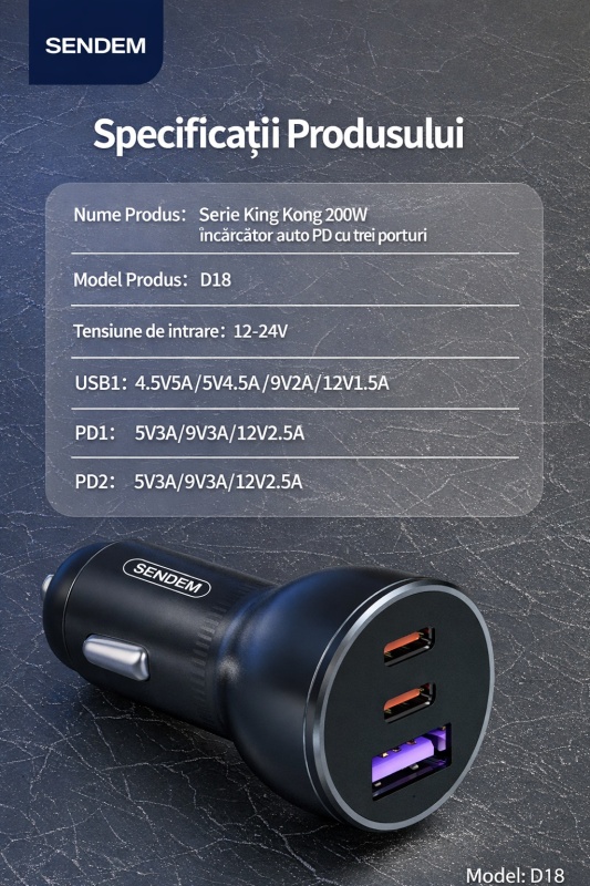 Incarcator auto rapid SENDEM D18 200W, 3 porturi, 2x USB-C PD 30W + 1x USB QC 18W, fast charge - Img 4