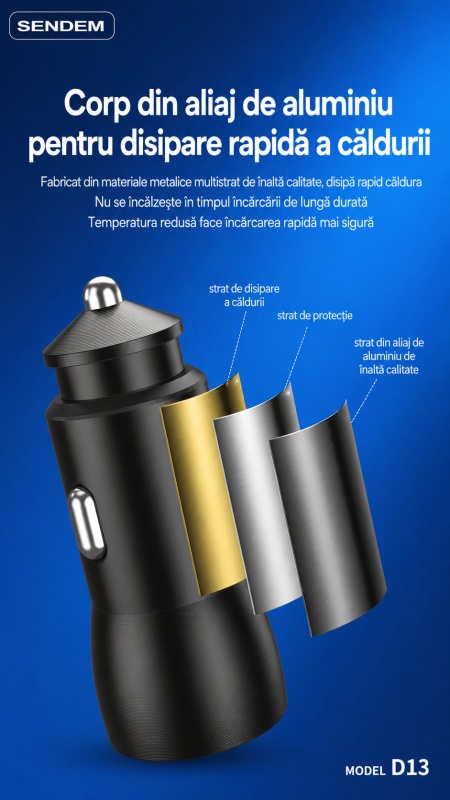 Încărcător auto SENDEM D13, PD 20W, Type-C, cu cablu textil Type-C to Type-C inclus, negru - Img 2
