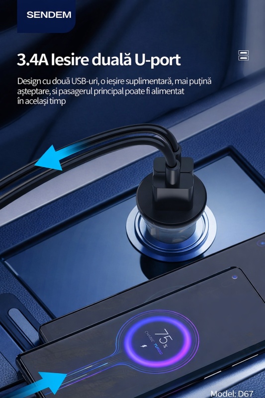 Incarcator auto SENDEM D67, 3.4A, dual USB, 12V/24V, mini transparent, negru - Img 3