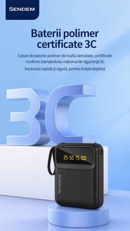 Power Bank SENDEM P302 10000mAh cu Cabluri Integrate, Afisaj LED, Lanterna LED - Img 4