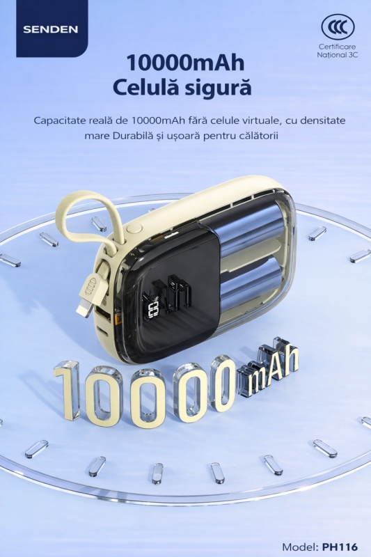 Power Bank SENDEM PH116 10000mAh 100W cu Afisaj LED si Cabluri Integrate - Img 4