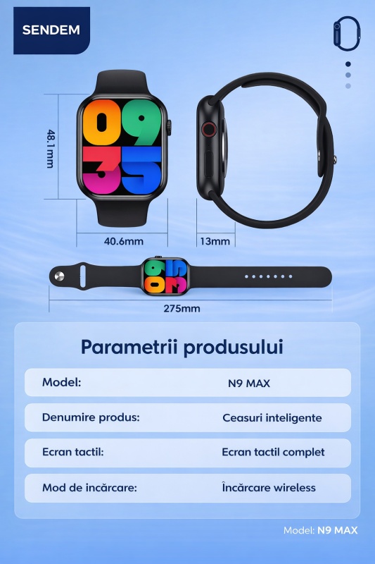 Smartwatch SENDEM N9 MAX cu apel Bluetooth, incarcare wireless, moduri sportive multiple, monitorizare somn si ritm cardiac - Img 6