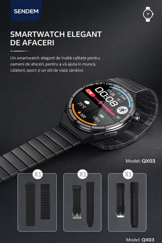 Smartwatch SENDEM QX03, ecran 1.45 inch, apeluri Bluetooth, ritm cardiac, IP67, încărcare wireless, 3 curele incluse - Img 5