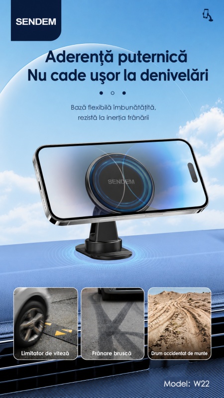 Suport auto magnetic SENDEM W22, rotire 360°, magnet 4000GS, bază adezivă, metal, negru - Img 5