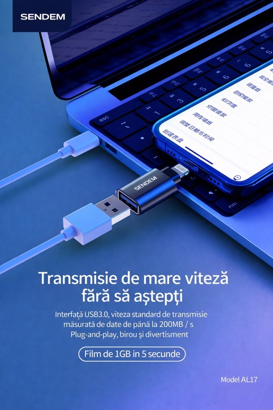 Adaptor OTG Lightning la USB 3.0 SENDEM A17 pentru iPhone si iPad, transfer rapid date - Img 3