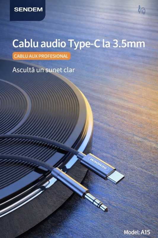 Cablu audio USB Type-C la jack 3.5mm SENDEM A15, AUX, mufa placata, fir textil rezistent, pentru telefon, masina, laptop si boxe - Img 5