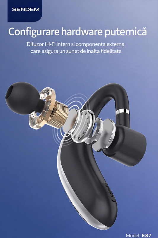 Cască Bluetooth SENDEM E87, handsfree cu cârlig rotativ 180°, autonomie până la 13 ore, compatibilă stânga/dreapta - Img 4