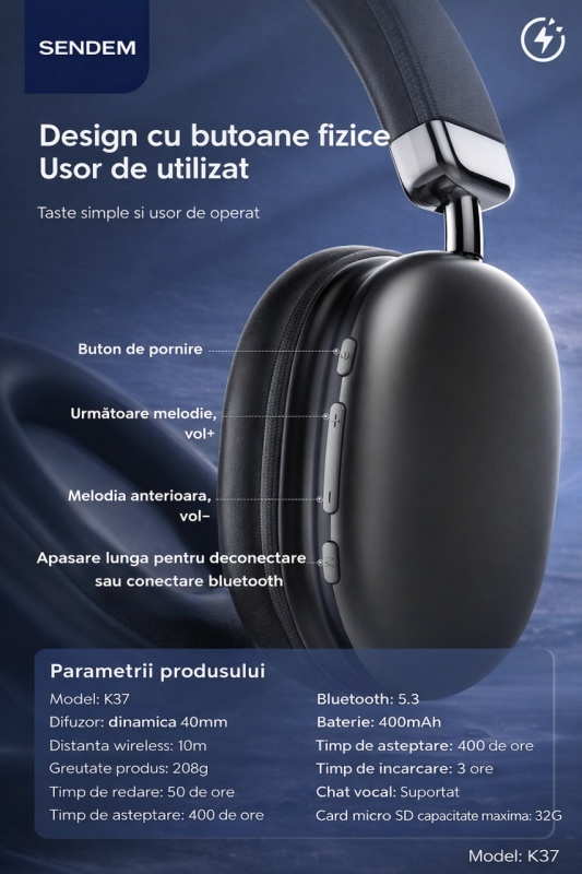 Casti Bluetooth SENDEM K37, over-ear, Bluetooth 5.3, autonomie pana la 50 ore, difuzoare 40 mm, microSD - Img 2