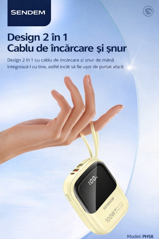 Power Bank SENDEM PH58 20000mAh 100W cu Cabluri Integrate si Afisaj Digital - Img 4