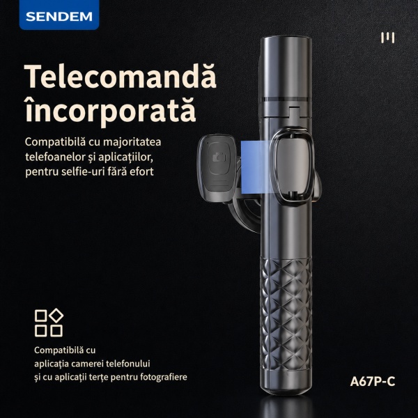 Selfie Stick Trepied Magnetic ADYSS A67P-C, extensibil 1300 mm, pliabil 22 cm, telecomandă Bluetooth, suport rotativ, aluminiu + ABS, negru - Img 2