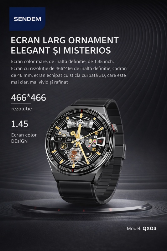 Smartwatch SENDEM QX03, ecran 1.45 inch, apeluri Bluetooth, ritm cardiac, IP67, încărcare wireless, 3 curele incluse - Img 2