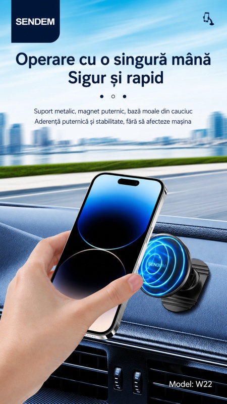 Suport auto magnetic SENDEM W22, rotire 360°, magnet 4000GS, bază adezivă, metal, negru - Img 2