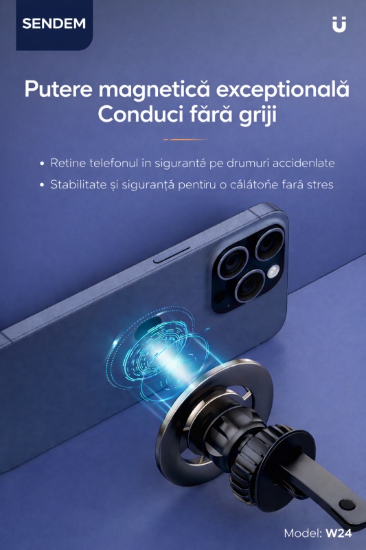 Suport auto magnetic telefon SENDEM W24 pentru grila de ventilație, metalic, rotire 360°, negru - Img 5