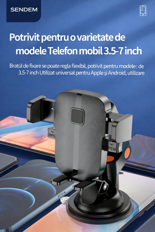 Suport auto telefon SENDEM W19 cu ventuza, rotatie 360°, compatibil 3.5-7 inch, negru - Img 7