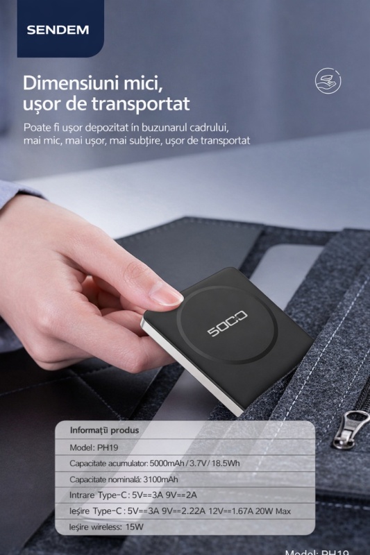 Baterie Externa Magnetica SENDEM PH19 5000mAh, Incarcare Wireless 15W, USB-C 20W, Power Bank Slim pentru iPhone si Telefon Compatibil - Img 3
