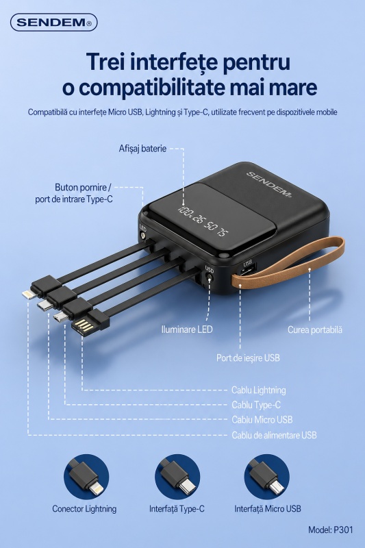 Baterie externă SENDEM P301, 10000mAh, 4 cabluri integrate, afișaj LED, lanternă dublă, USB-C, Lightning, Micro USB - Img 2
