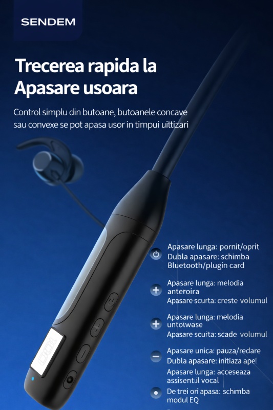 Căști Bluetooth Neckband SENDEM E47, display LED, suport card SD, magnetice, rezistente la transpirație - Img 6