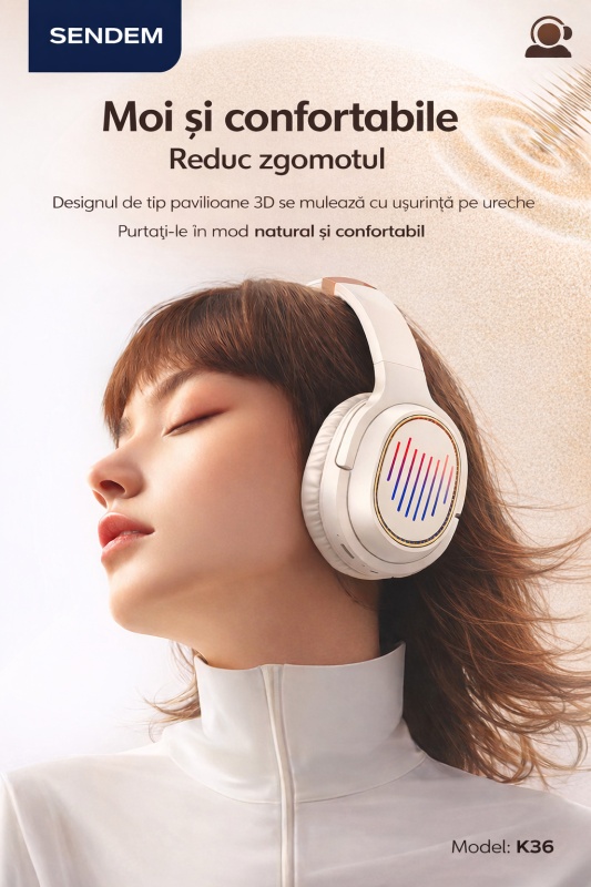 Casti Bluetooth SENDEM K36 Over-Ear, Bluetooth 5.3, difuzoare 40 mm, pliabile 90°, autonomie 8 ore, standby 300 ore - Img 3