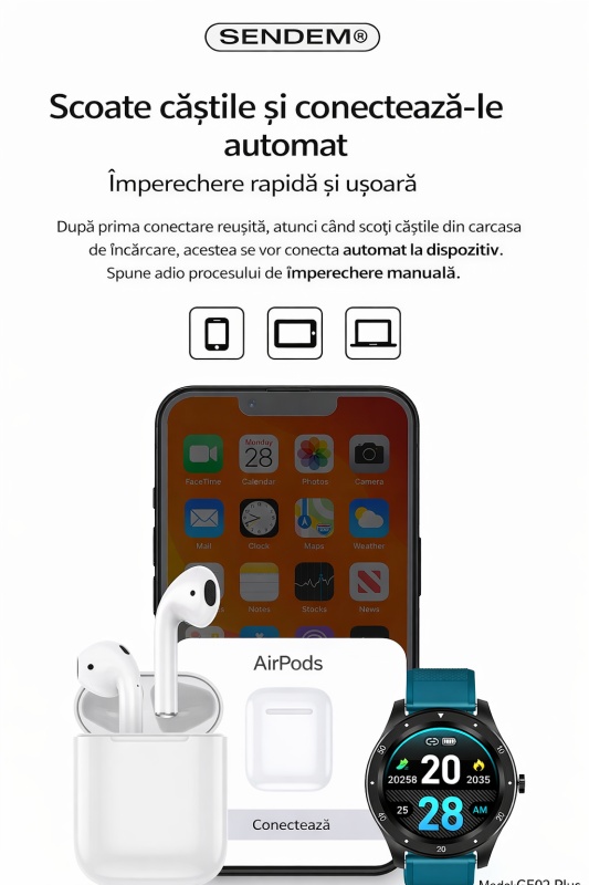 Căști Wireless SENDEM GE02 Plus, Bluetooth 5.1, control tactil, autonomie 3.5 ore, carcasă de încărcare - Img 4