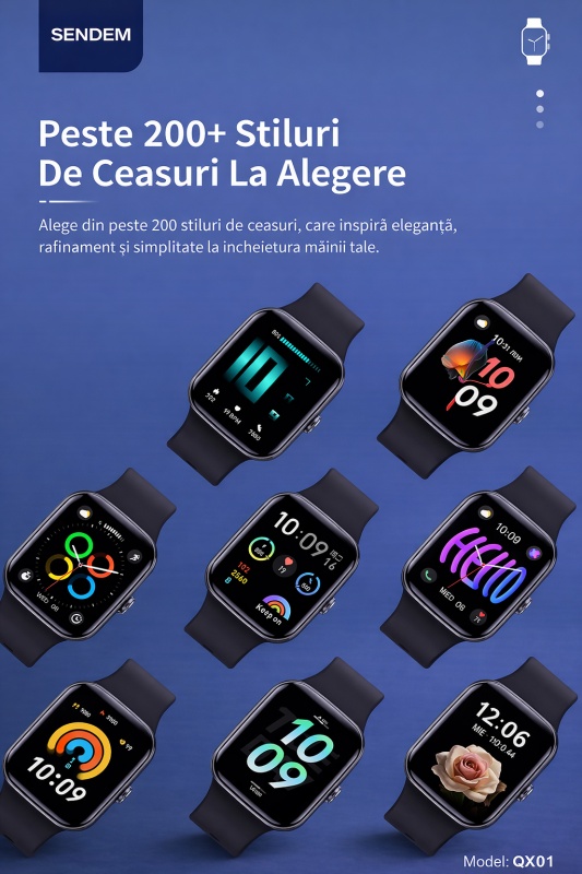 Ceas smartwatch SENDEM QX01 cu apel Bluetooth, ecran 2.1 inch, monitorizare ritm cardiac, IP67, incarcare magnetica, multiple fete de ceas - Img 6