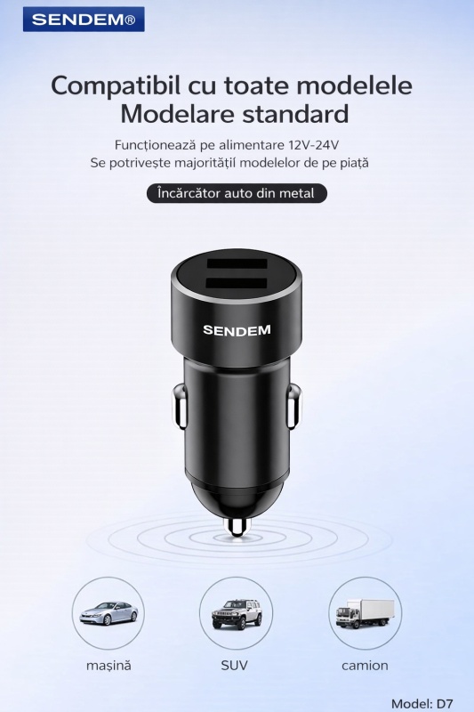 Incarcator auto SENDEM D7, 2 x USB, 3.4A, incarcare rapida, carcasa metalica, 12V-24V, negru/gri - Img 2