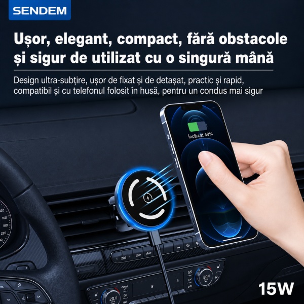 Suport auto magnetic SENDEM W15 cu încărcare wireless 15W, prindere pe grila de ventilație și cu lipire pe bord, rotație 360°, Type-C, compatibil iPhone - Img 3