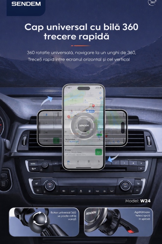 Suport auto magnetic telefon SENDEM W24 pentru grila de ventilație, metalic, rotire 360°, negru - Img 2